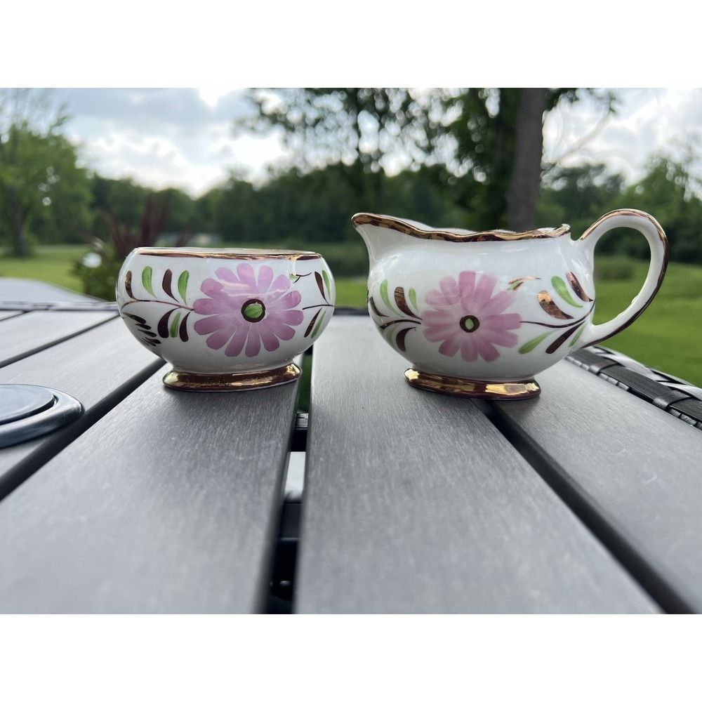 Vintage Copper Lusterware Grays Pottery Open Sugar and Creamer Pink Flowers MCM